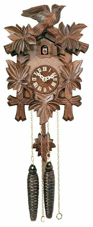 9" One Day Hand-Carved Cuckoo Clock with Five Maple Leaves & One Bird W/ Night Shut off