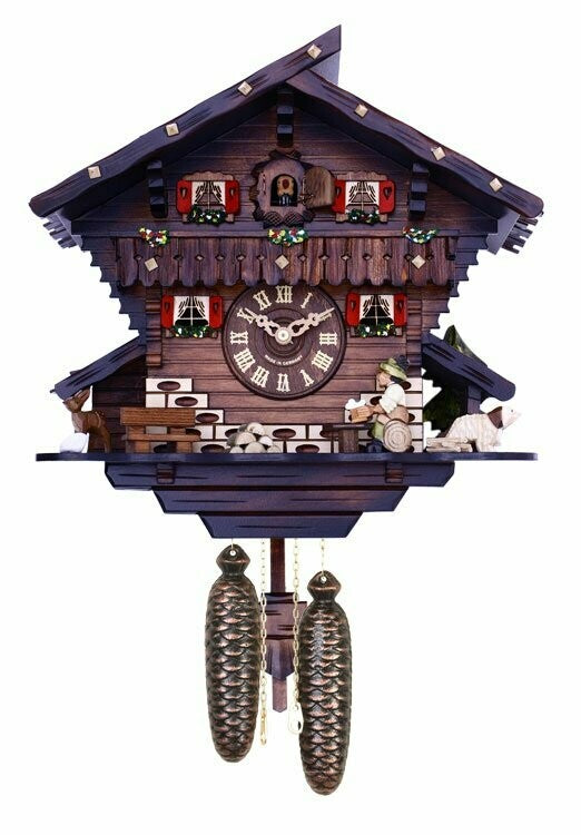 12" Eight Day Chalet Cuckoo Clock with Carved Deer, Dog, and Beer Drinker Drinking Beer