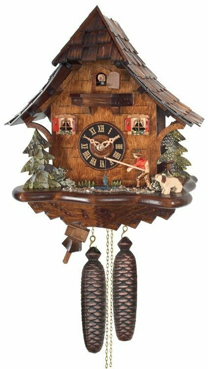 14"  Eight Day Cuckoo Clock Cottage - Fisherman Raises Fishing Pole