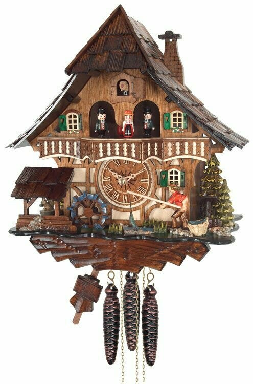 13" One Day Musical Cuckoo Clock Cottage - Fisherman Raises Pole and Moving Waterwheel