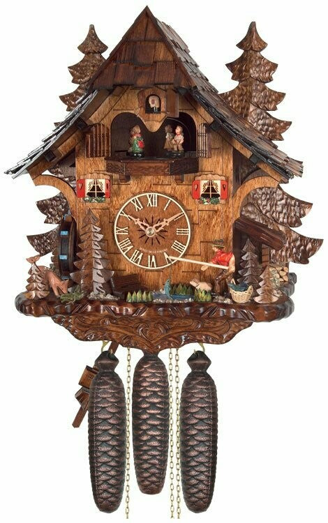 14" Eight Day Musical Cuckoo Clock Cottage - Fisherman Raises Pole and Moving Waterwheel