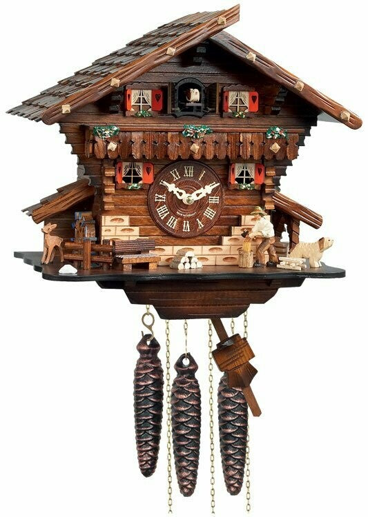 12" One Day Musical Cuckoo Clock Cottage with Man Chopping Wood and Waterwheel