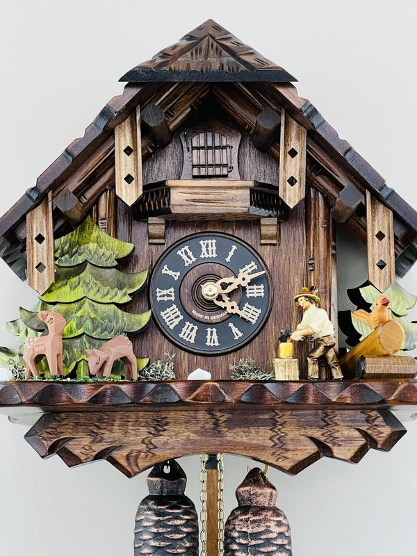 12" Eight Day Cuckoo Clock Cottage - Man Chopping Wood