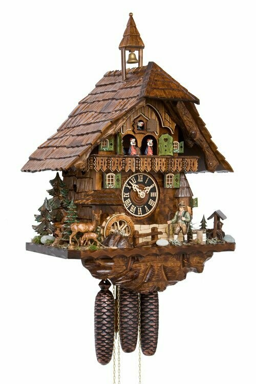 21" Eight Day Musical Cuckoo Chalet Moving Hunter w/ waterwheel and laid shingled roof