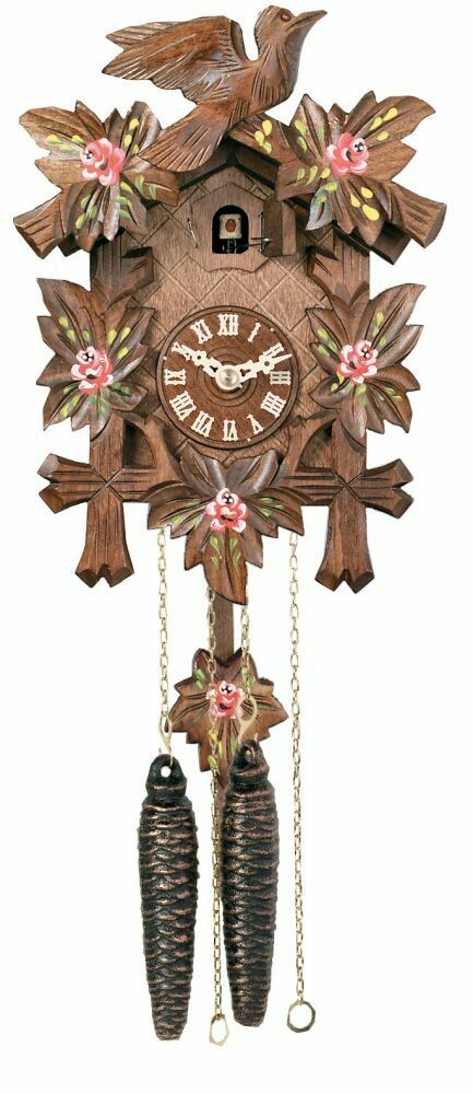 9"  One Day Hand-Carved Cuckoo Clock with Hand-Painted Flowers, Five Maple Leaves, & One Bird