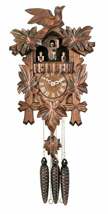 14" One Day Musical Cuckoo Clock with Dancers, Five Hand-carved Maple Leaves,  One Bird, and Hand-Painted Flowers