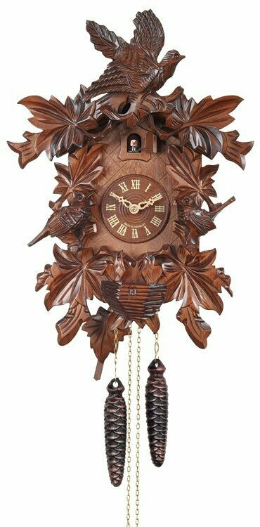 16" One Day Hand-Carved Cuckoo Clock with Seven Maple Leaves, Three Birds, and Nest
