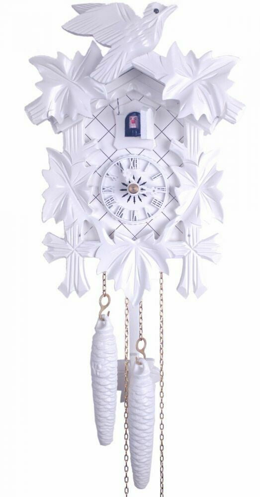 13"  One Day Cuckoo Clock with Carved Maple Leaves & Moving Birds - White with Gold Accents